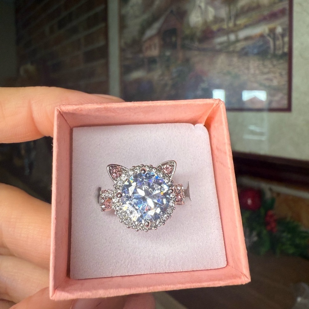 Elegant Silver And Pink Rhinestone Cat Ear Cz Ring Luxury Bow Gift Box New